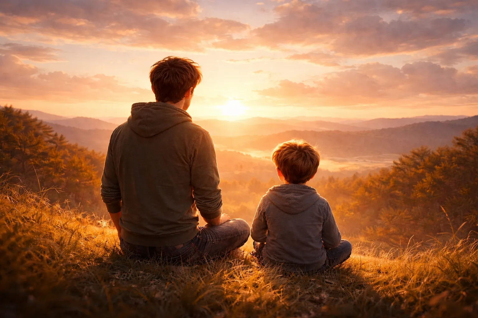 Възрастен и дете гледащи към залеза. Снимката символизира емоционалната зарелост, от която се ражда самочувствието.