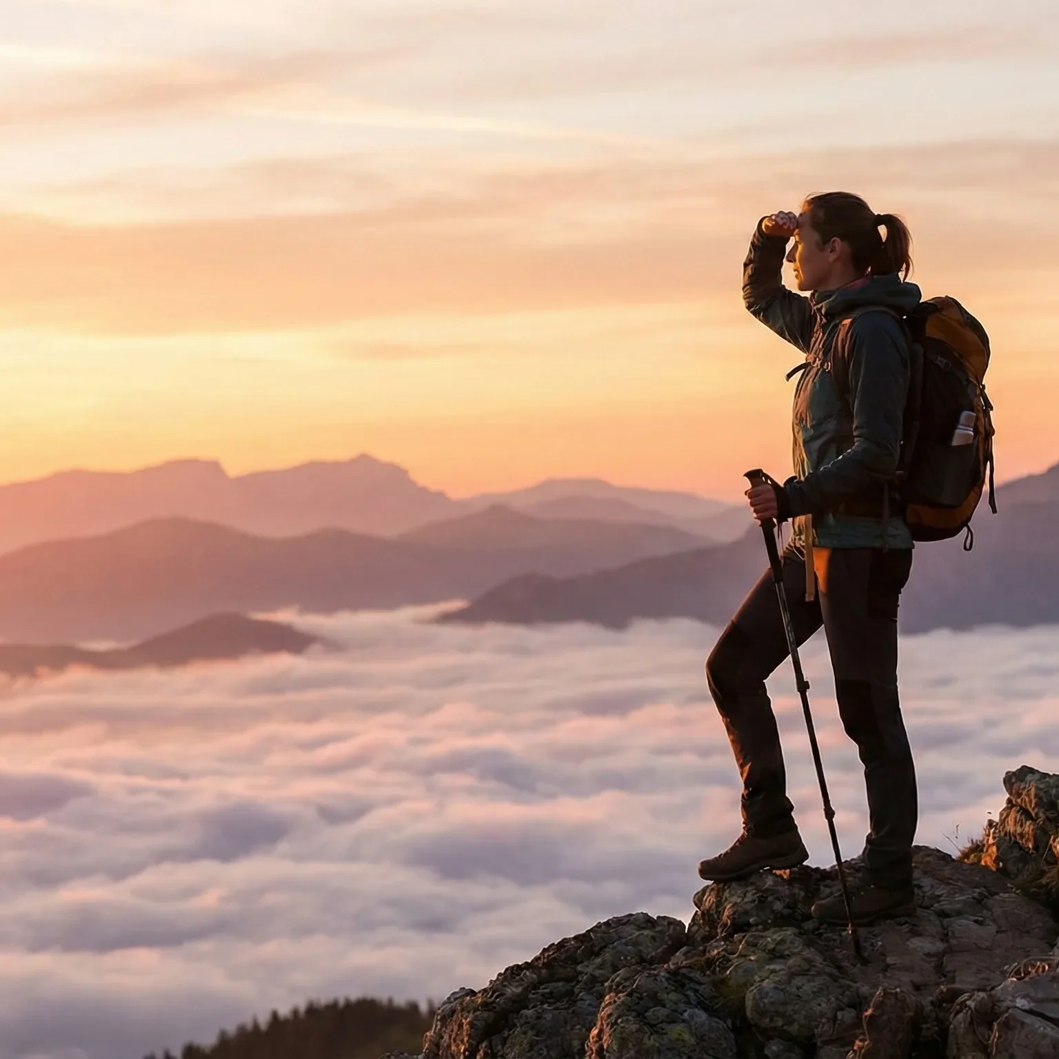 Снимка на мъж, който се качил на висока планина и гледа към хоризонта уверено. Снимката символизира справянето с промяната.