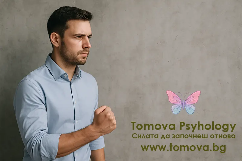 Млад мъж с решителен поглед стои пред сива стена, с вдигната ръка в жест на увереност — визуална метафора за процеса на личностно развитие и излизане от зоната на комфорт.