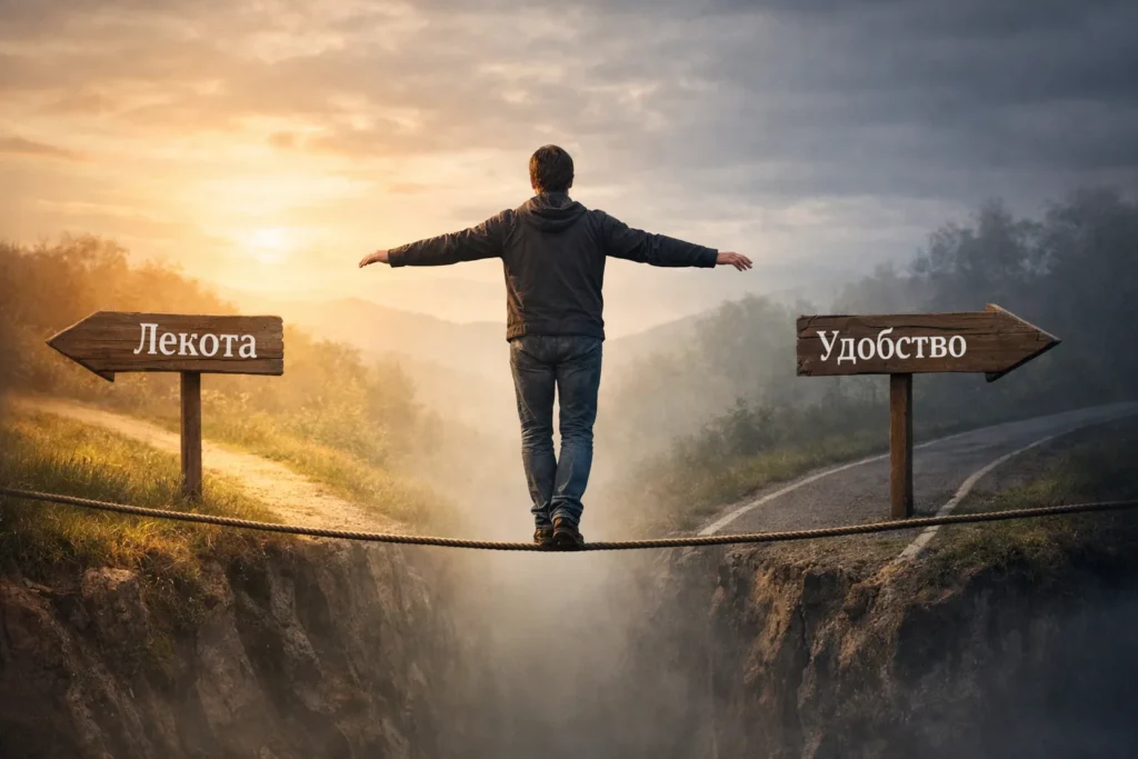 Манипулация във взаимоотношенията – човек балансира между лекота и удобство, символ на тънката граница между автентичност и адаптация