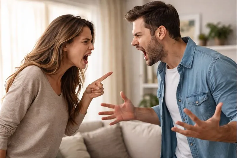 Мъж и жена проявяват агресия по време на разгорещен разговор, с емоционално напрежение.