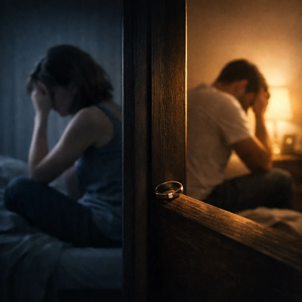 снимка на мъж и жена в разделени стаи,заради изневяра във връзката, тревожейки се за техния брак
