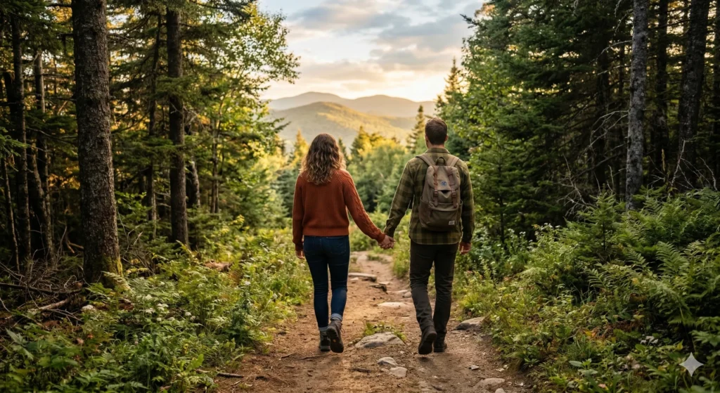 Двойка, вървяща хваната за ръце по горска пътека, символизираща различните етапи на връзката, към далечни планини при залез слънце.