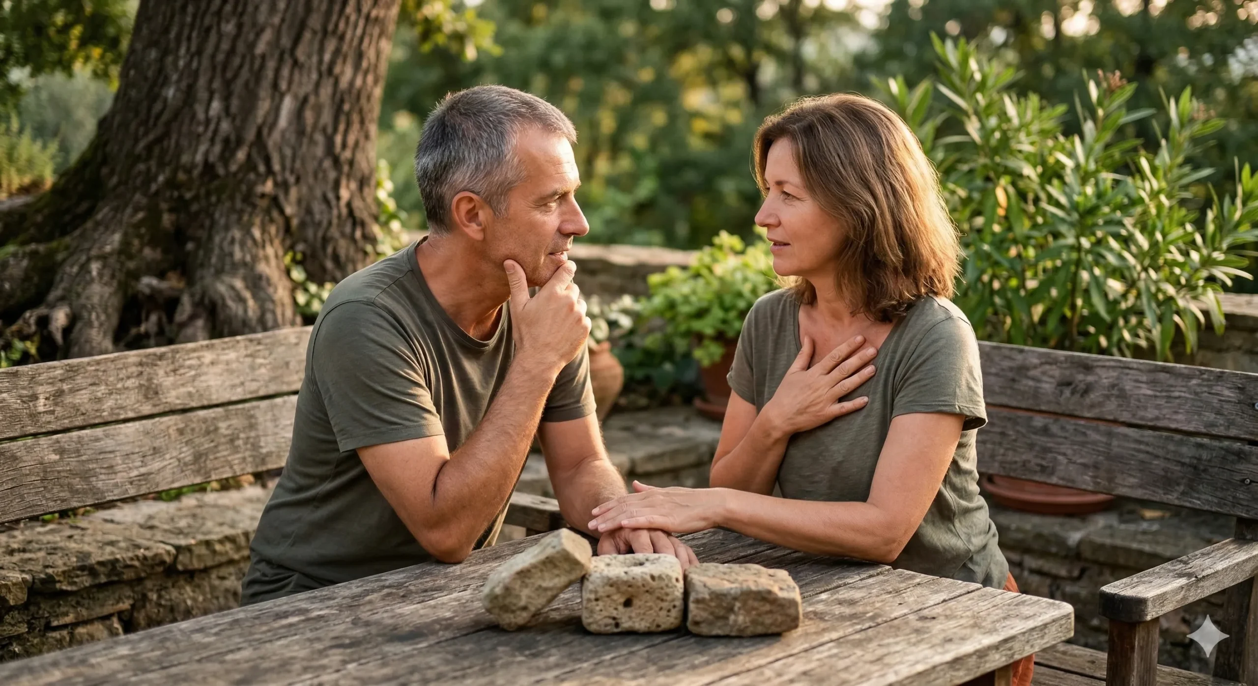 Мъж и жена седят един срещу друг на дървени пейки пред маса в градина и водят дълбок емоционален разговор, като се гледат в очите и се държат нежно за ръце, изразявайки тяхната стабилна връзка.