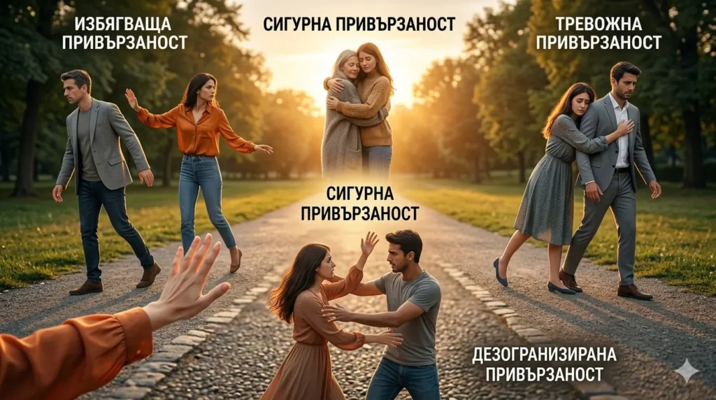 илюстрация на емоционалната динамика и свързаност между партньорите при различните стилове на привързаност в една връзка.